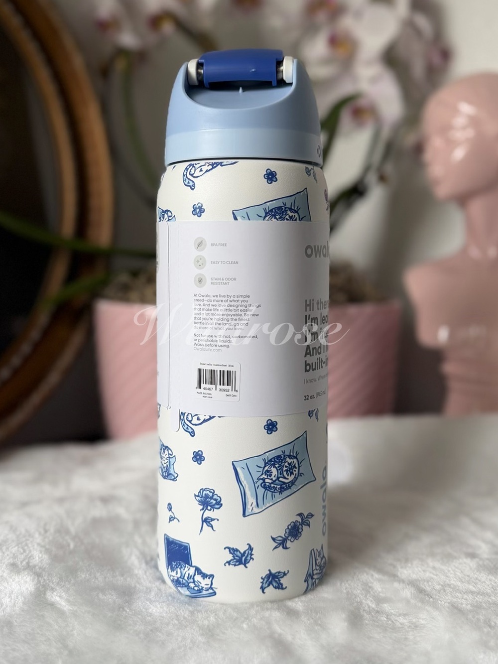 Owala Blue Delft Cat Collage Floral 32OZ Freesip leakproof tumbler new - Picture 4 of 7